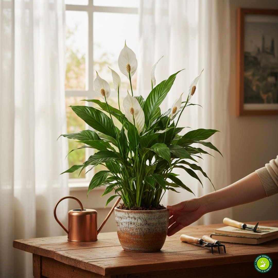 Pessoa posicionando lírio-da-paz próximo a janela com luz indireta para cultivo ideal.