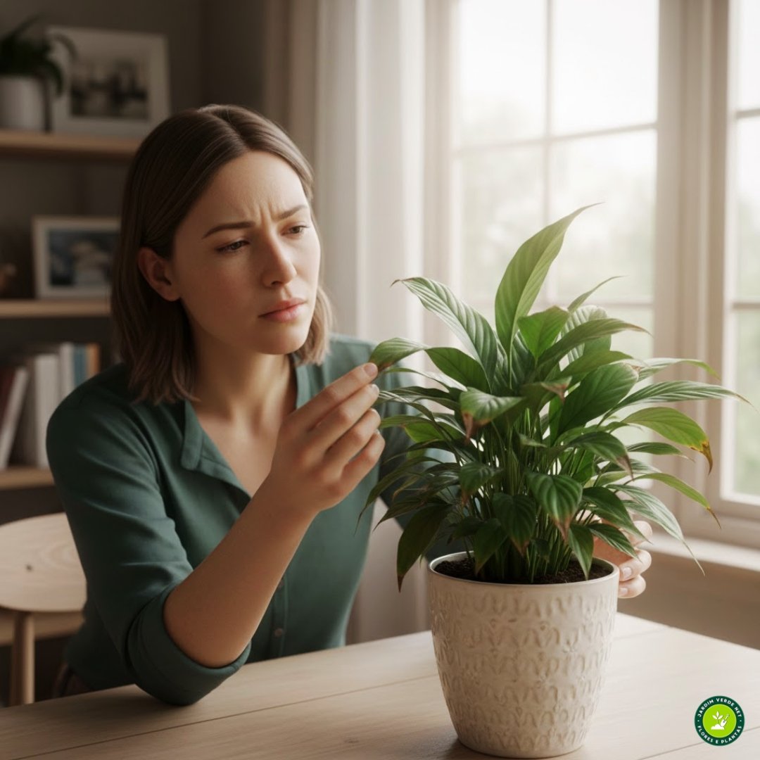 Pessoa observando folhas queimadas de lírio-da-paz em ambiente interno.