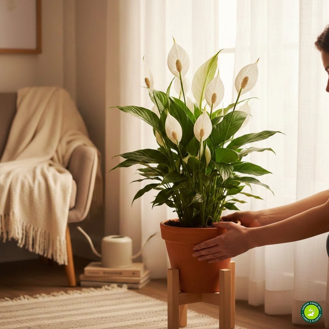 Pessoa posicionando lírio-da-paz (Spathiphyllum wallisii) próximo a janela com luz indireta em ambiente interno.