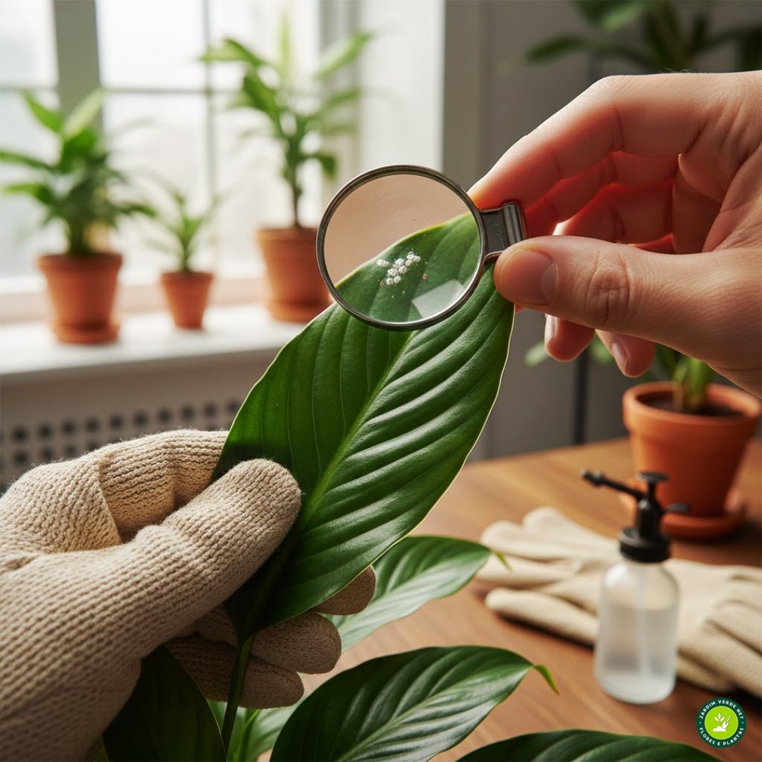 Pessoa inspecionando folhas de lírio-da-paz para identificar pragas.