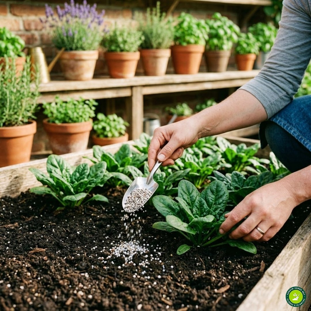 Close-up ultrarrealista das mãos de uma jardineira agachada, aplicando adubo granulado NPK no solo, próximo à base de uma planta de espinafre verdadeiro em um canteiro.