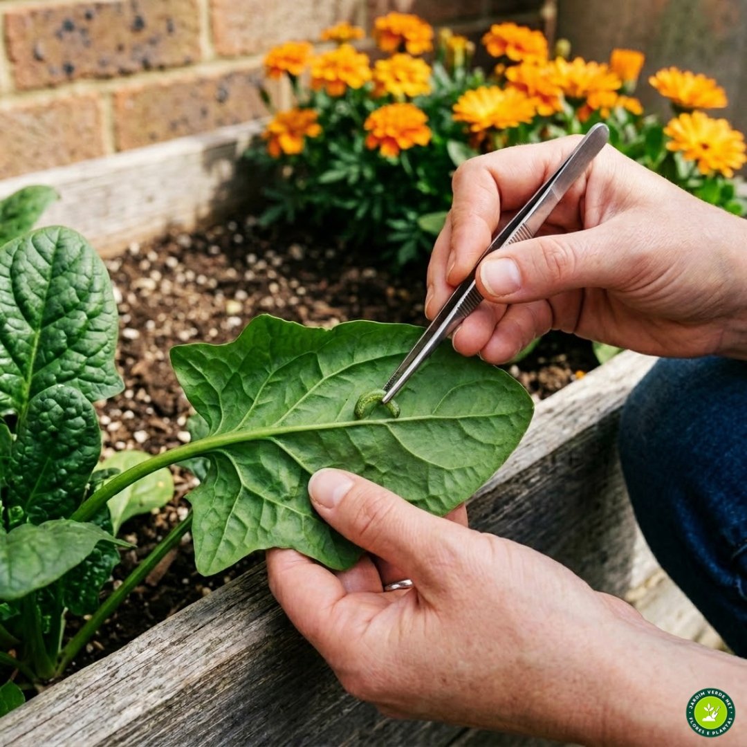 Close-up ultrarrealista das mãos de uma jardineira agachada, usando uma pinça fina para remover uma lagarta de uma folha de espinafre verdadeiro, em um canteiro com Cravo-de-defunto e Calêndula ao fundo.