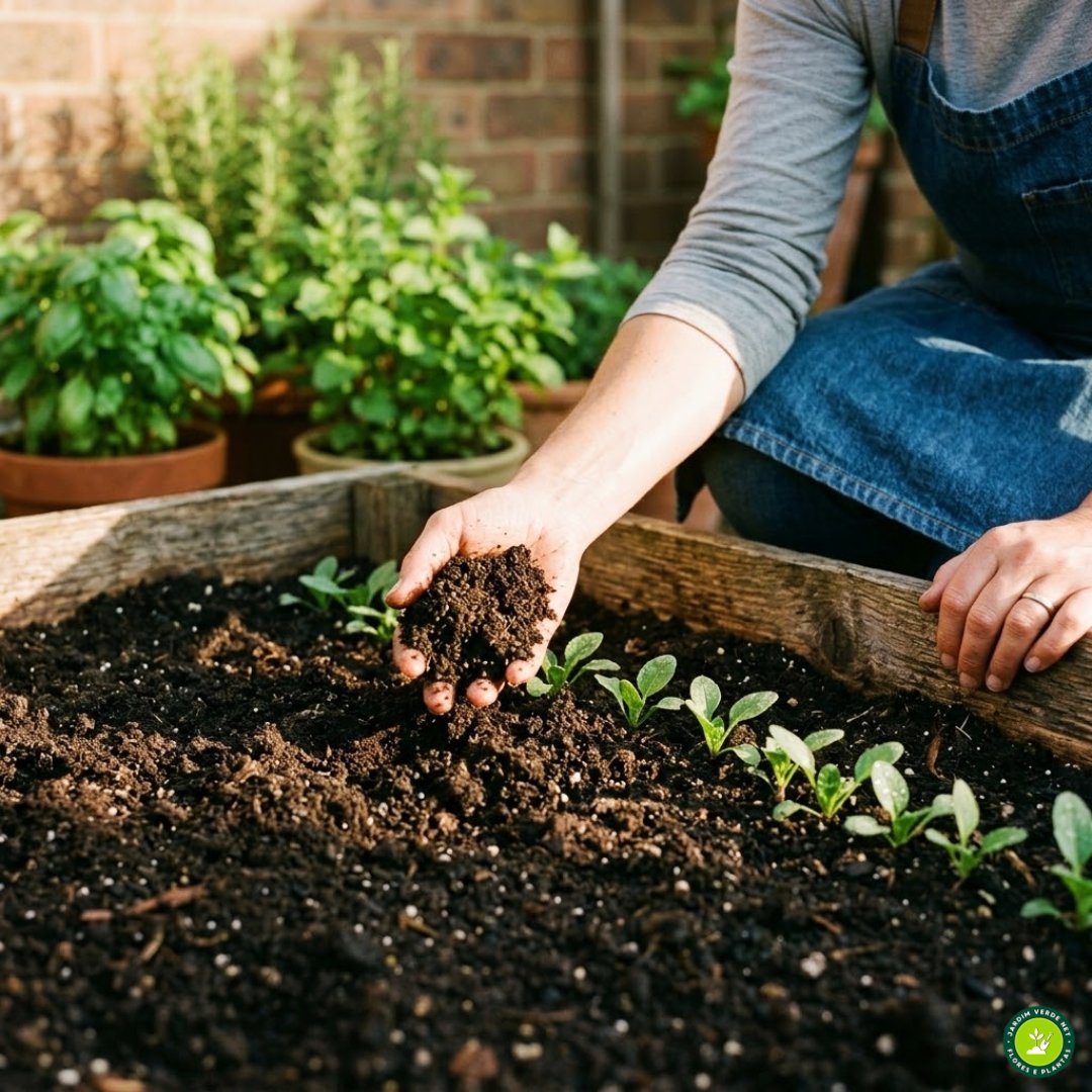 Close-up ultrarrealista das mãos de uma jardineira agachada, segurando um punhado de solo úmido, fofo e rico em matéria orgânica em um canteiro de espinafre.