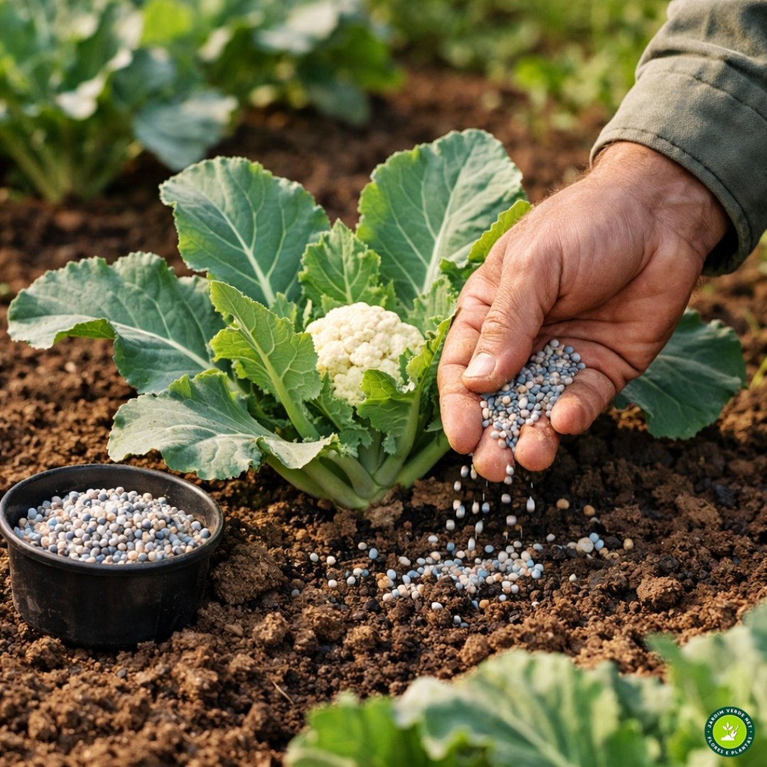 Aplicação de adubo NPK em planta de couve-flor em crescimento, com foco no manejo nutricional do solo em cultivo agrícola