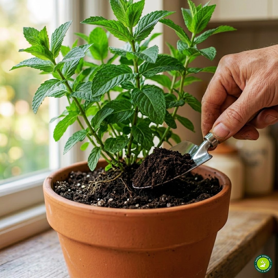 Fotografia macro ultra-realista e fanned (ampliada na base) de uma mão natural adicionando húmus de minhoca (adubo orgânico escuro) ao solo fértil ao redor da base de uma planta de hortelã (Mentha spicata) em um vaso de terracota limpo na janela