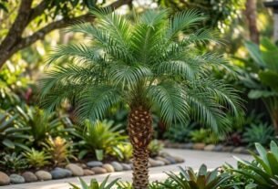 Palmeira-fênix saudável com tronco texturizado e folhas verdes em destaque em um jardim ensolarado com fundo desfocado.