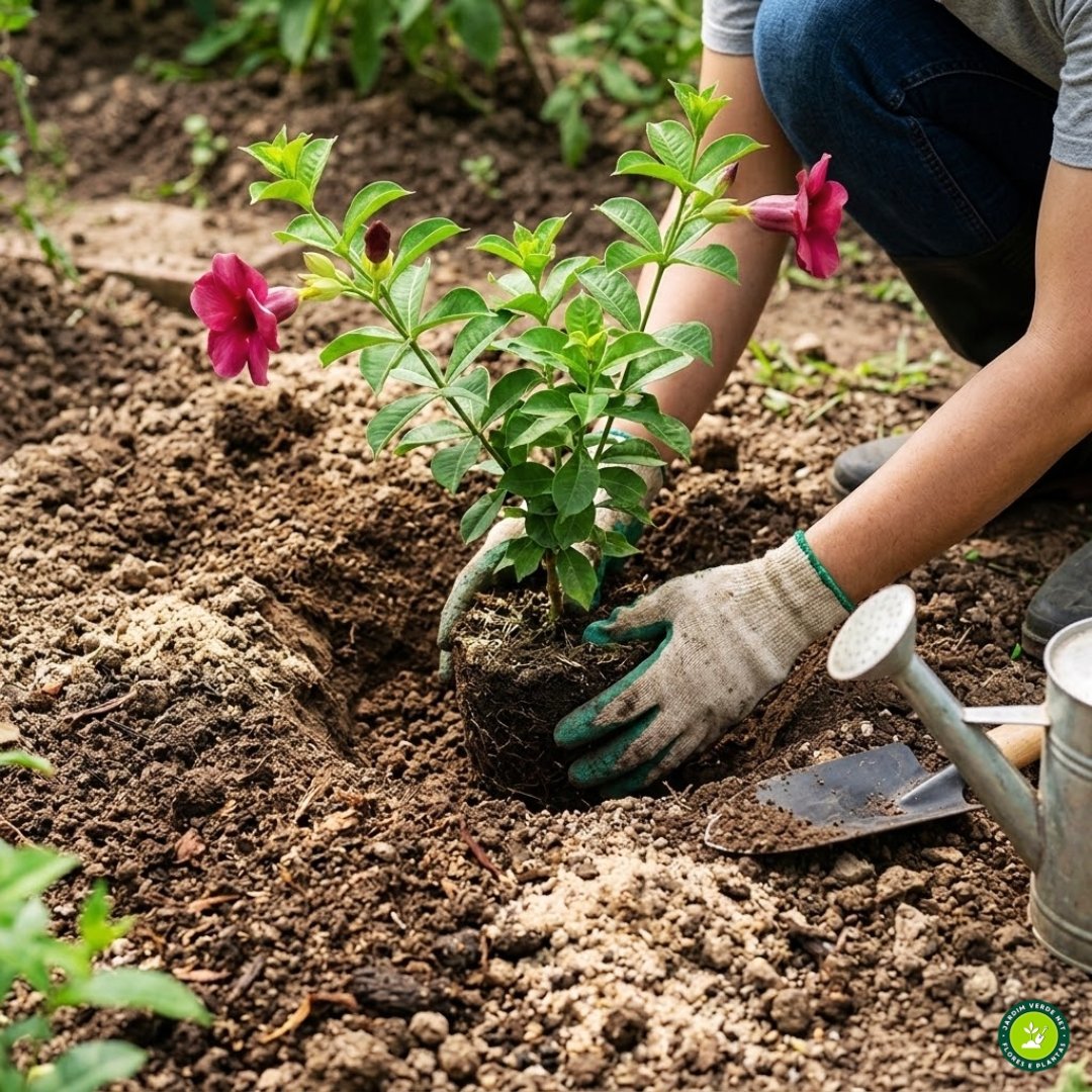 Plantio de muda de alamanda-roxa (Allamanda blanchetii) em cova preparada no jardim.