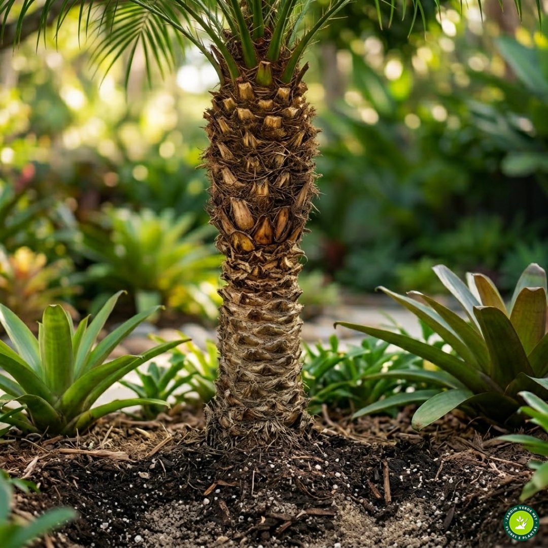 Close-up da base do tronco de uma palmeira-fênix plantada corretamente em solo aerado com pedaços de casca de pinus e areia, mostrando o colo da planta no nível do solo.