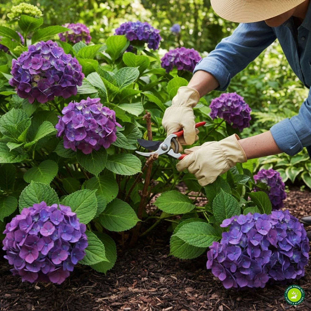 Pessoa podando hortênsia roxa (Hydrangea macrophylla) com tesoura de poda em jardim residencial
