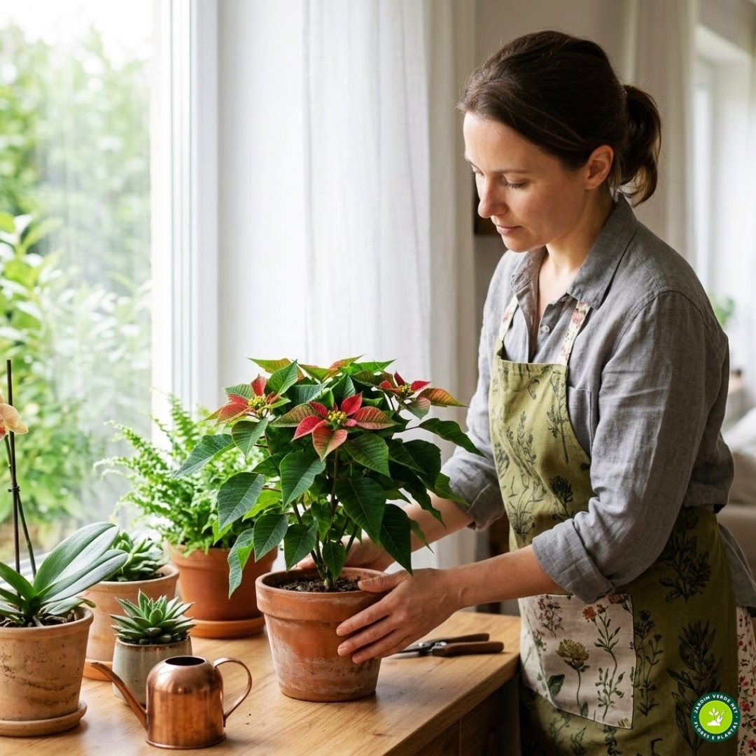 Pessoa posicionando vaso de poinsétia ou bico-de-papagaio (Euphorbia pulcherrima) próximo a uma janela para receber luz indireta adequada.