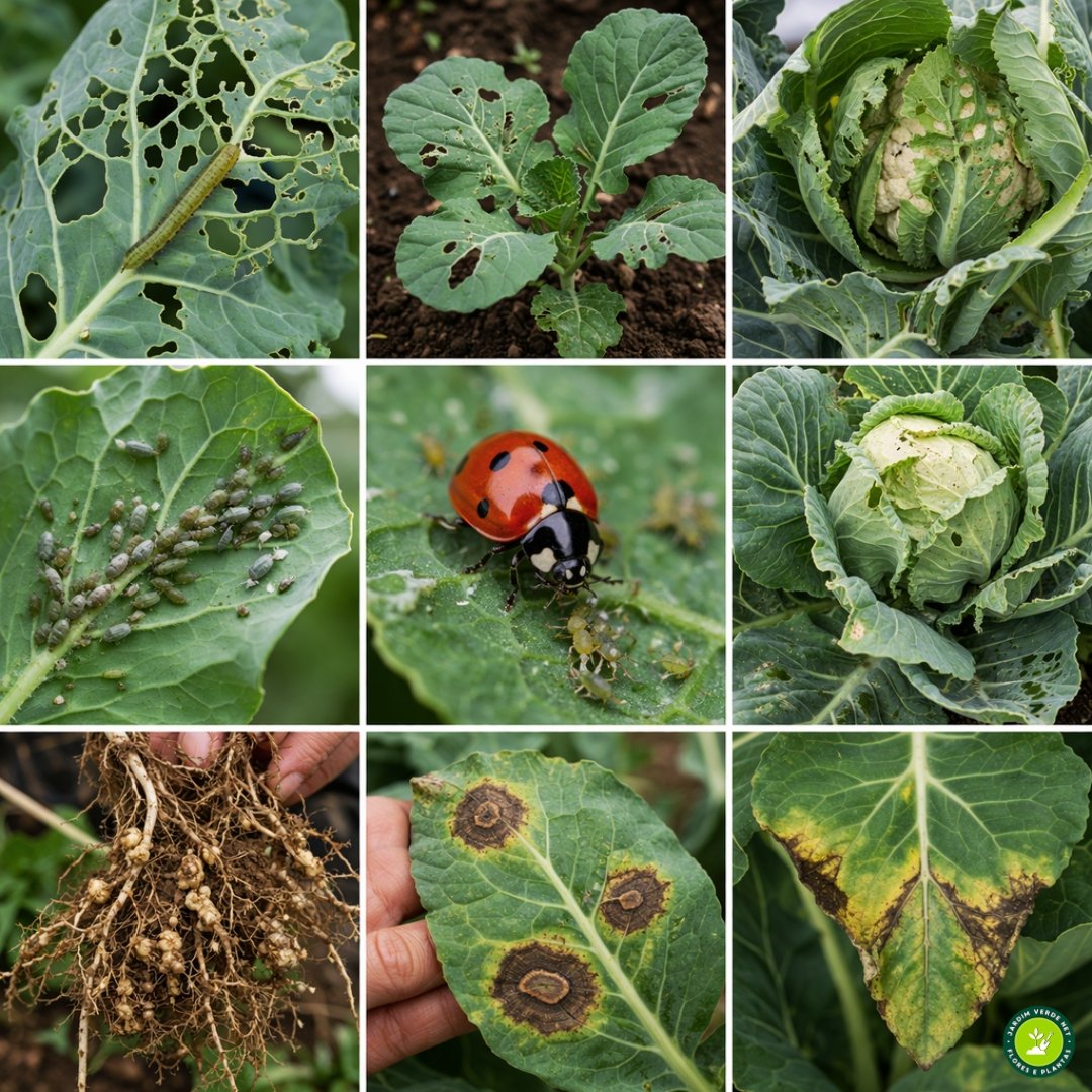 mosaico com diferentes pragas e doenças da couve-flor mostrando lagartas pulgoes e manchas nas folhas