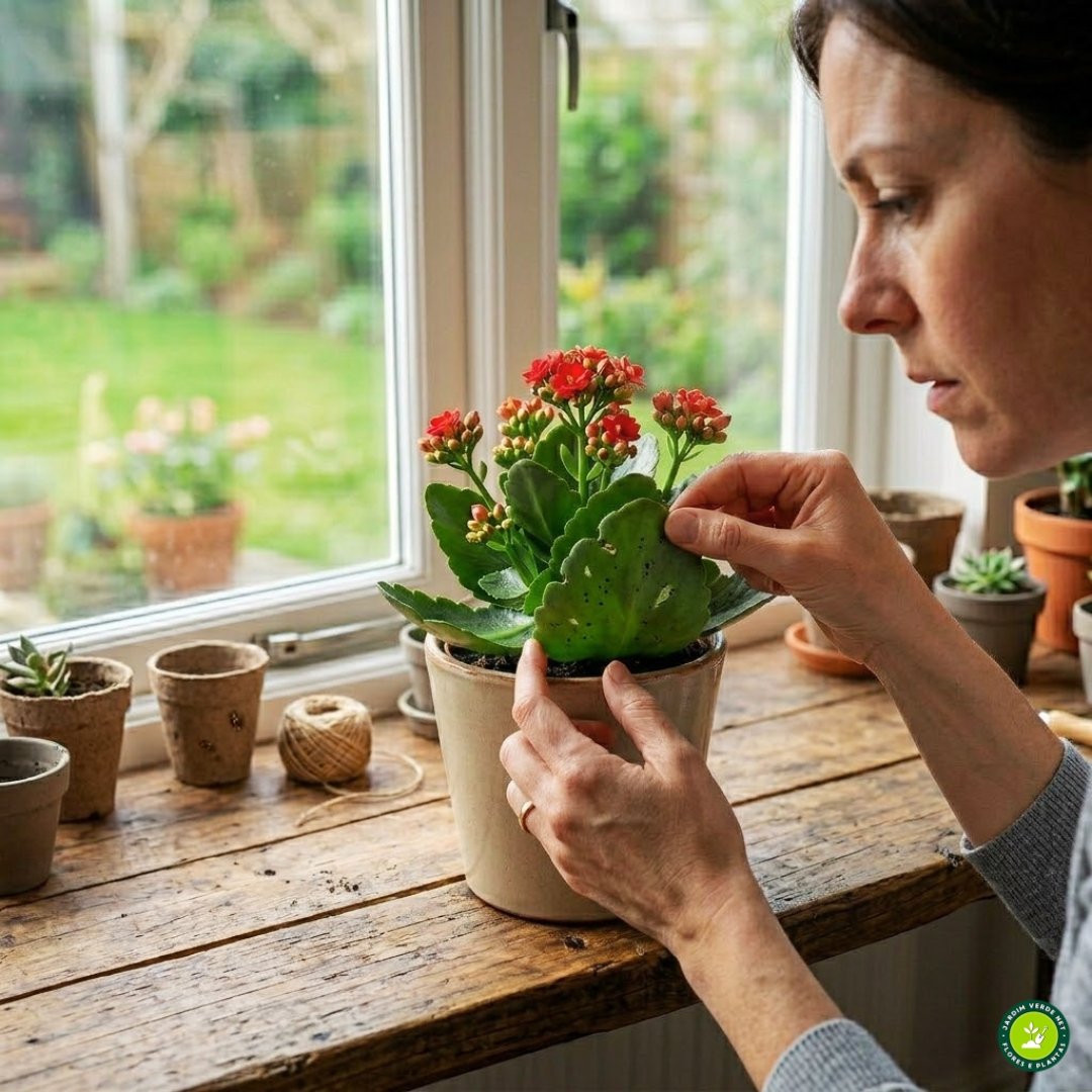 Pessoa analisando folhas de kalanchoe para identificar pragas e doenças