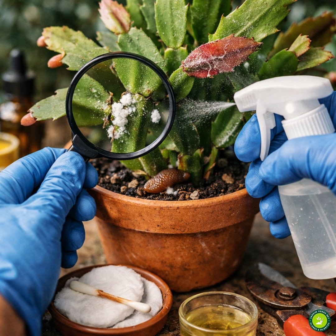 Pessoa inspecionando flor de maio com pragas e realizando controle com solução natural em vaso