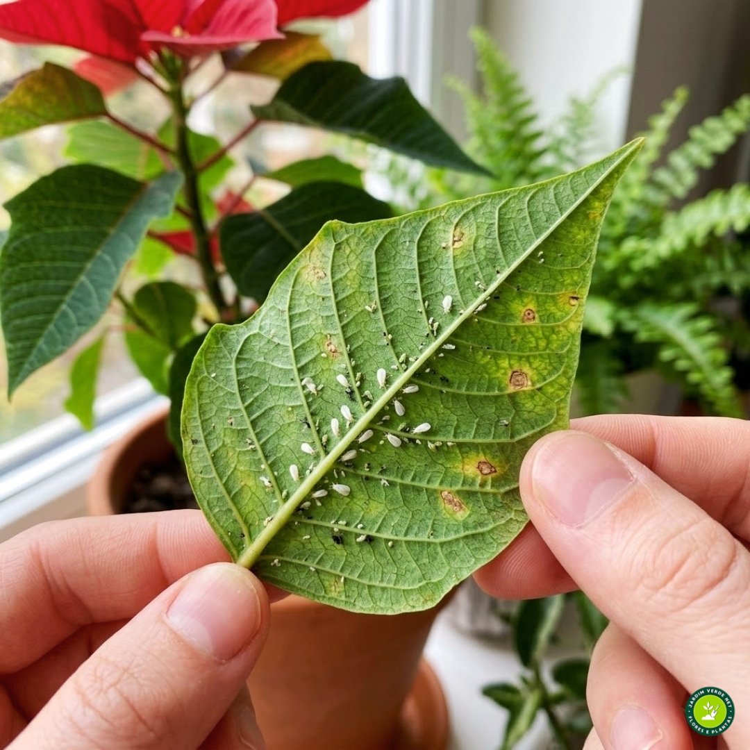 Pessoa examinando folha de poinsétia ou bico-de-papagaio (Euphorbia pulcherrima) com presença de pragas como pulgões e mosca-branca.