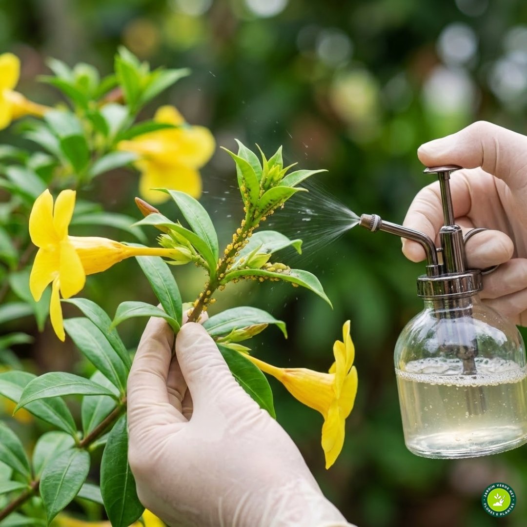 Controle de pulgões em alamanda-amarela (Allamanda cathartica) com pulverização de solução natural.