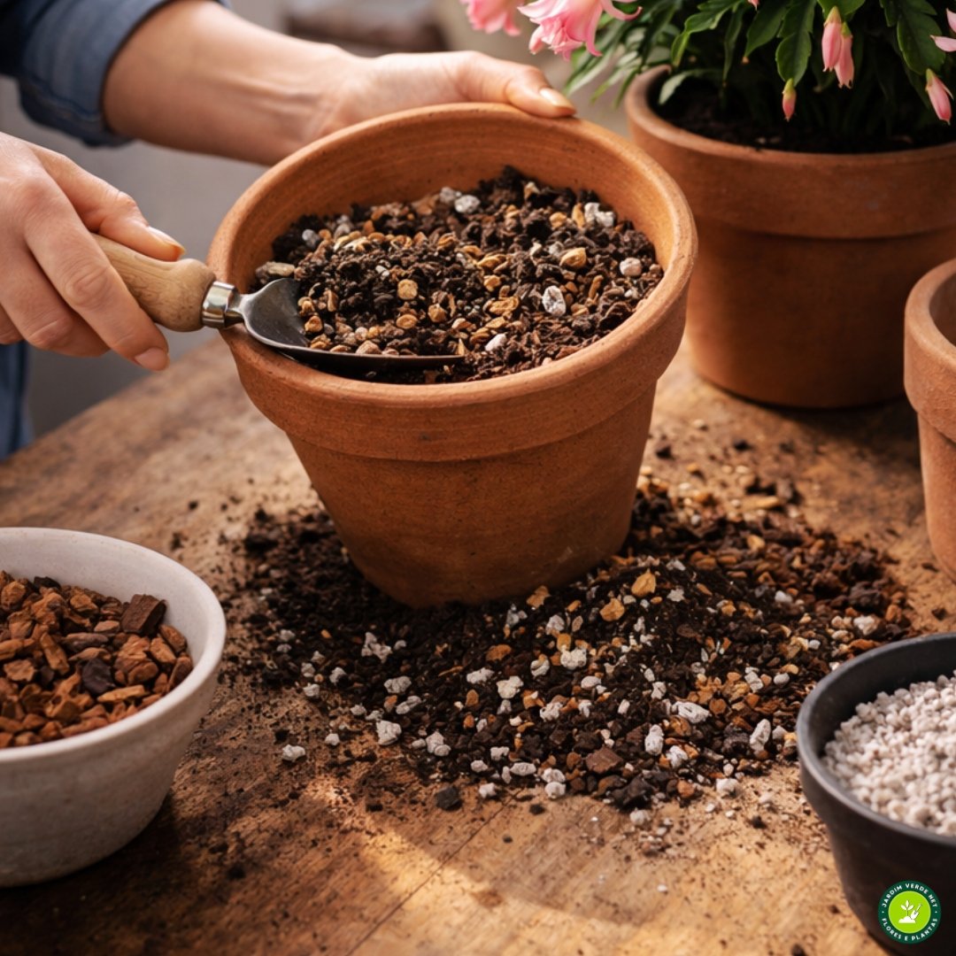 Pessoa preparando substrato para flor de maio em vaso de barro com casca de pinus, terra vegetal e perlita