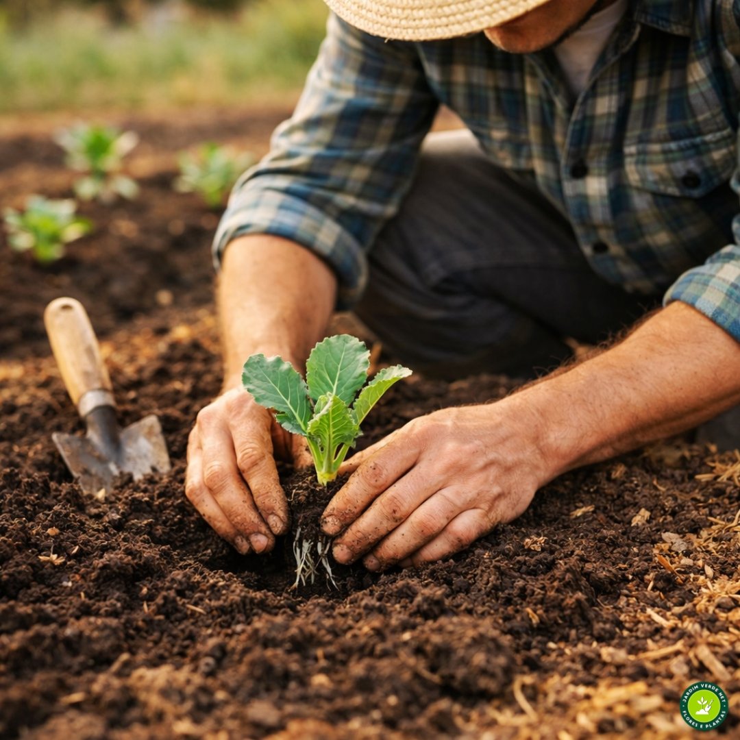 pessoa transplantando muda de couve-flor em solo preparado com matéria orgânica em horta