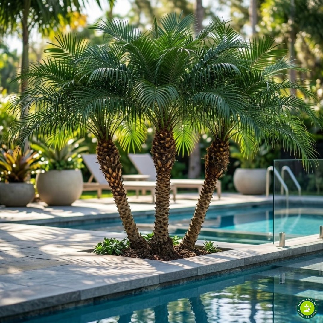 Fotografia quadrada e ultrarrealista. Um grupo de três palmeiras-fênix adultas (Phoenix roebelenii), saudáveis e com troncos texturizados, plantadas em um maciço integrado à borda de uma piscina moderna com água azul-turquesa e pedra natural, ilustrando um design biofílico com luz solar difusa, consistente com a imagem de capa.