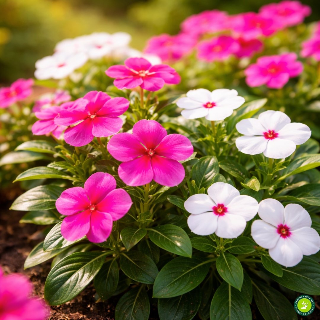 Flores de vinca rosa e branca cultivadas sob sol pleno com alta luminosidade