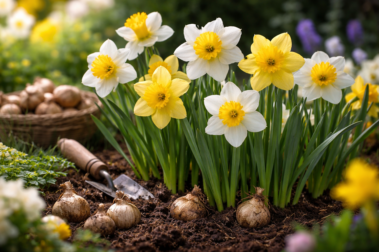 Flores de narciso amarelas e brancas cultivadas no solo com bulbos visíveis e ferramentas de jardinagem ao fundo