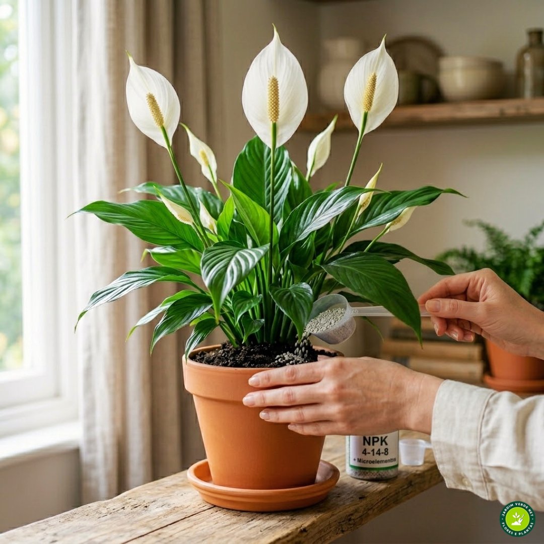 Close-up ultrarrealista das mãos de uma pessoa aplicando fertilizante granular NPK em um vaso de terracota limpo com um lírio-da-paz saudável e florido. A pessoa usa uma colher de medição para colocar o adubo no solo