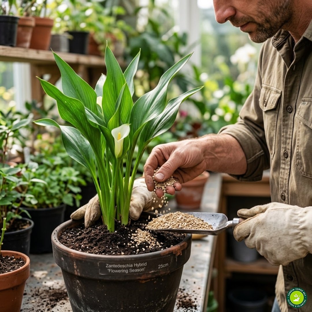 Close-up de um especialista em jardinagem aplicando fertilizante granular rico em fósforo e farinha de ossos na base de um Zantedeschia em vaso, focado na indução da floração.