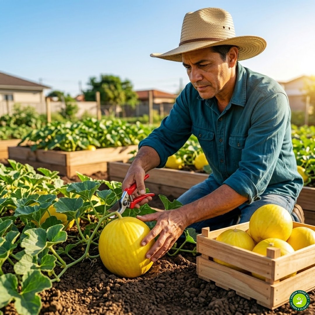 Produtor masculino em uma horta doméstica com canteiros elevados de madeira, realizando a colheita técnica de um melão amarelo maduro usando uma tesoura de poda. Ao lado, uma caixa de madeira rústica contém outros frutos prontos para comercialização