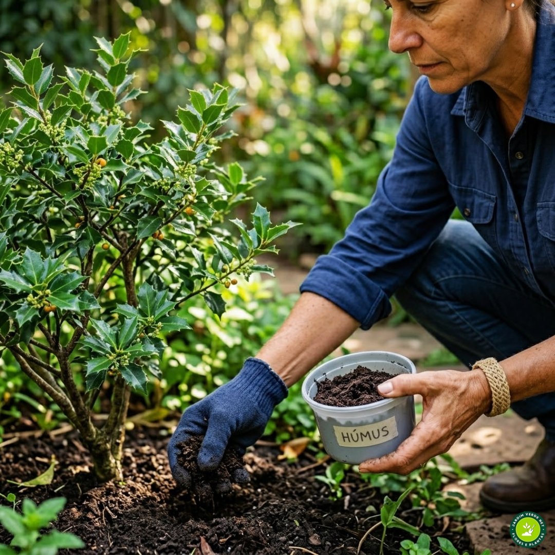 Fotografia quadrada (1:1) mostrando close-up das mãos de uma jardineira com luva de campo aplicando húmus de minhoca diretamente na terra ao redor da base de um arbusto saudável de Espinheira-santa em um jardim.