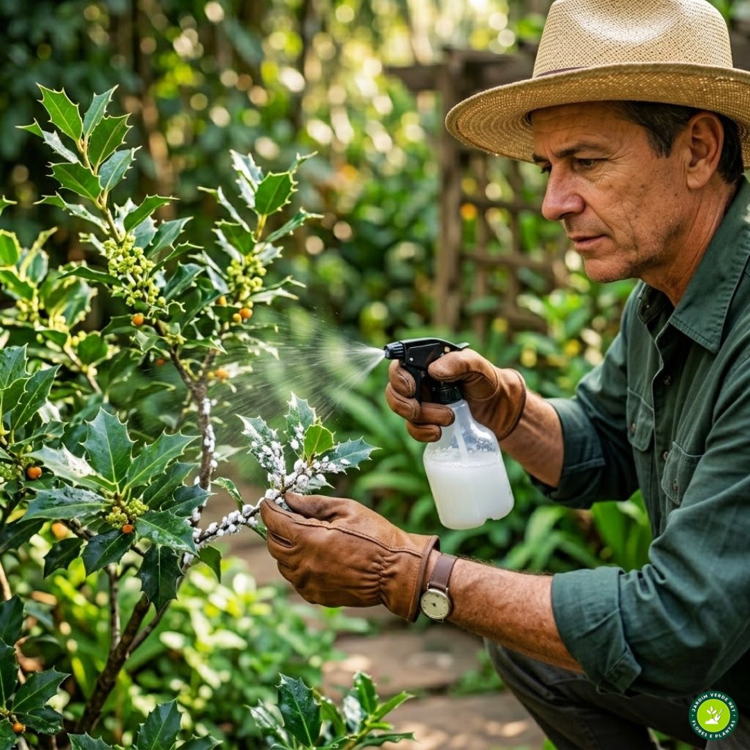 Fotografia quadrada mostrando um close-up das mãos de uma pessoa usando luvas de proteção e aplicando spray de água com sabão em um ramo de espinheira-santa para eliminar pequenas cochonilhas brancas das folhas.