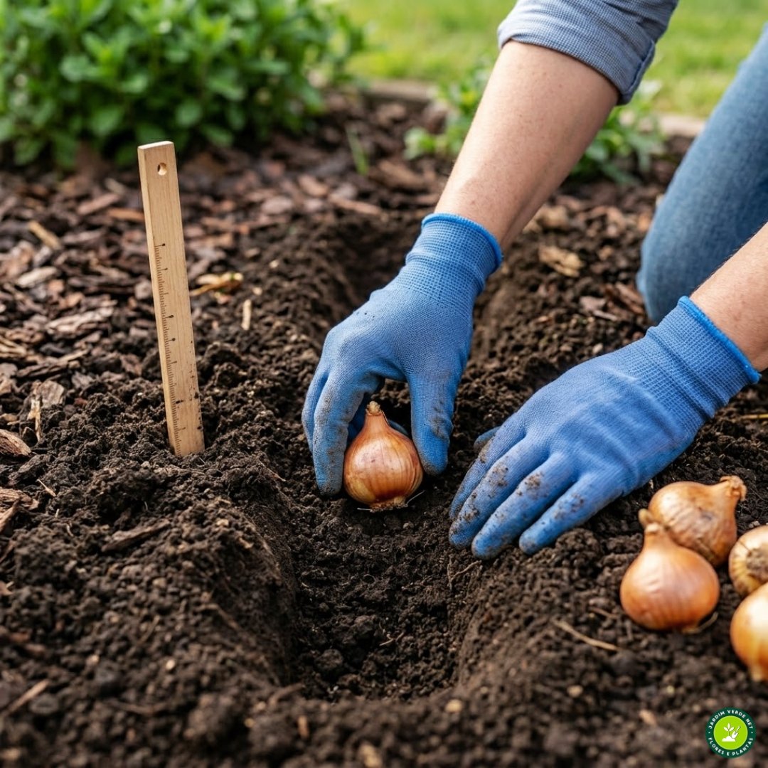 Pessoa plantando bulbos de narciso no solo com as mãos, posicionando corretamente o bulbo em cova preparada