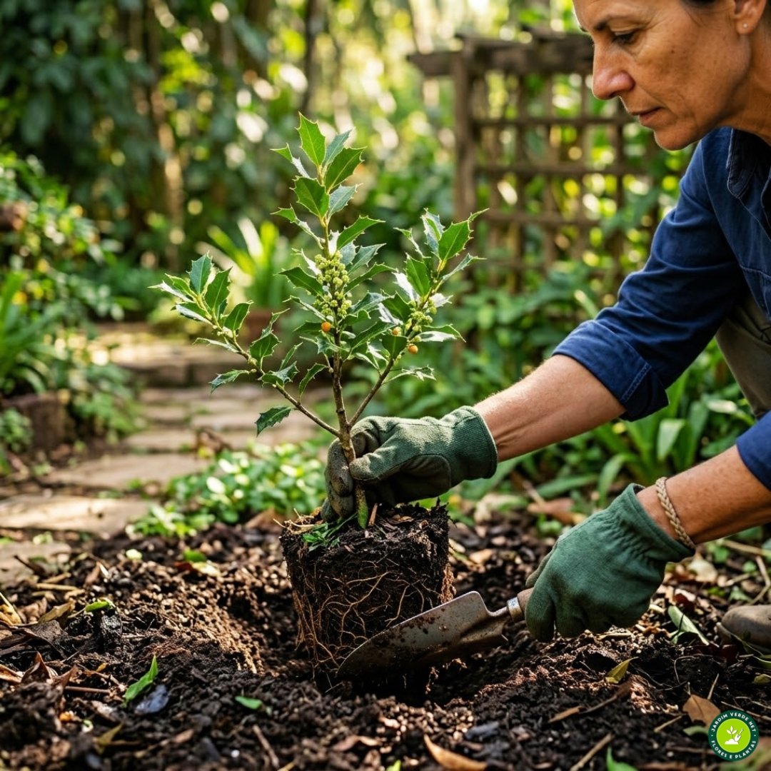 Foto aproximada das mãos de uma pessoa com luvas de jardinagem plantando uma muda de espinheira-santa na terra, em um buraco preparado.