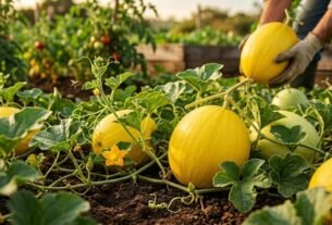 Fotografia profissional de um cultivo de melão amarelo no campo, destacando frutos maduros de casca lisa entre folhas verdes e flores polinizadas, estilo documental e ultrarrealista