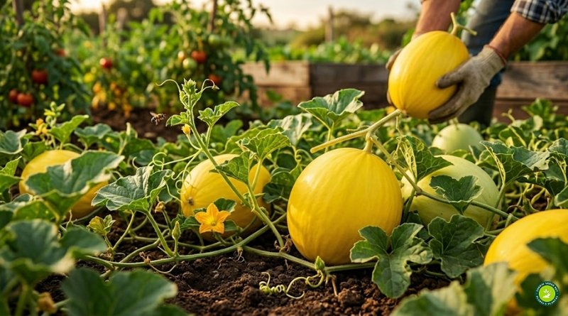 Fotografia profissional de um cultivo de melão amarelo no campo, destacando frutos maduros de casca lisa entre folhas verdes e flores polinizadas, estilo documental e ultrarrealista