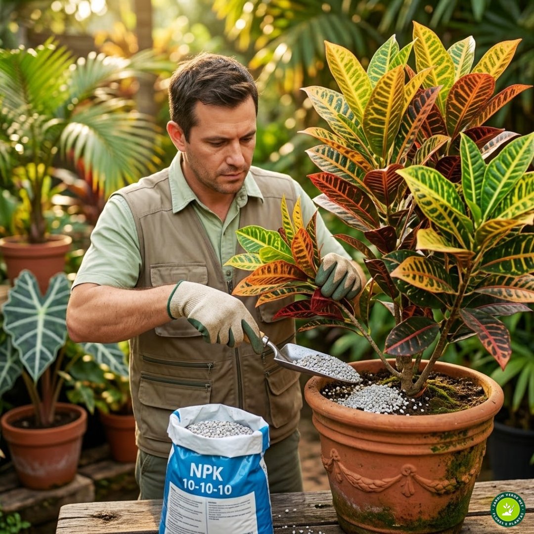 Agrônomo profissional de luvas e colete aplicando adubo granulado NPK 10-10-10 ao redor da base de um Cróton Petra colorido em vaso de terracota, com colher de transplante.
