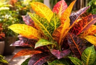 Cróton (Codiaeum variegatum) com folhas coloridas em tons de amarelo, vermelho e verde cultivado em jardim tropical
