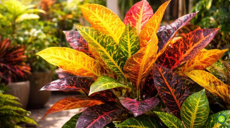 Cróton (Codiaeum variegatum) com folhas coloridas em tons de amarelo, vermelho e verde cultivado em jardim tropical