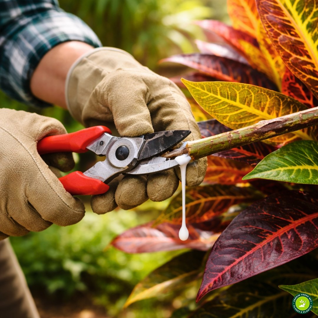 Pessoa realizando poda em cróton com luvas, mostrando a seiva leitosa característica da planta ornamental