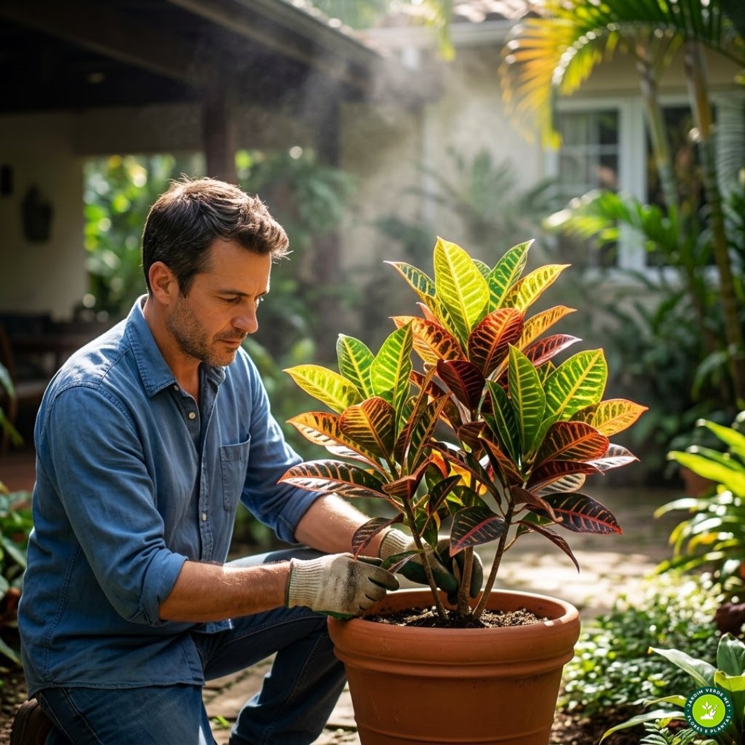 Jardineiro de luvas azuis ajustando um vaso de Cróton Petra em sol pleno, realçando a variegação foliar colorida, com fundo de jardim tropical em foco suave.