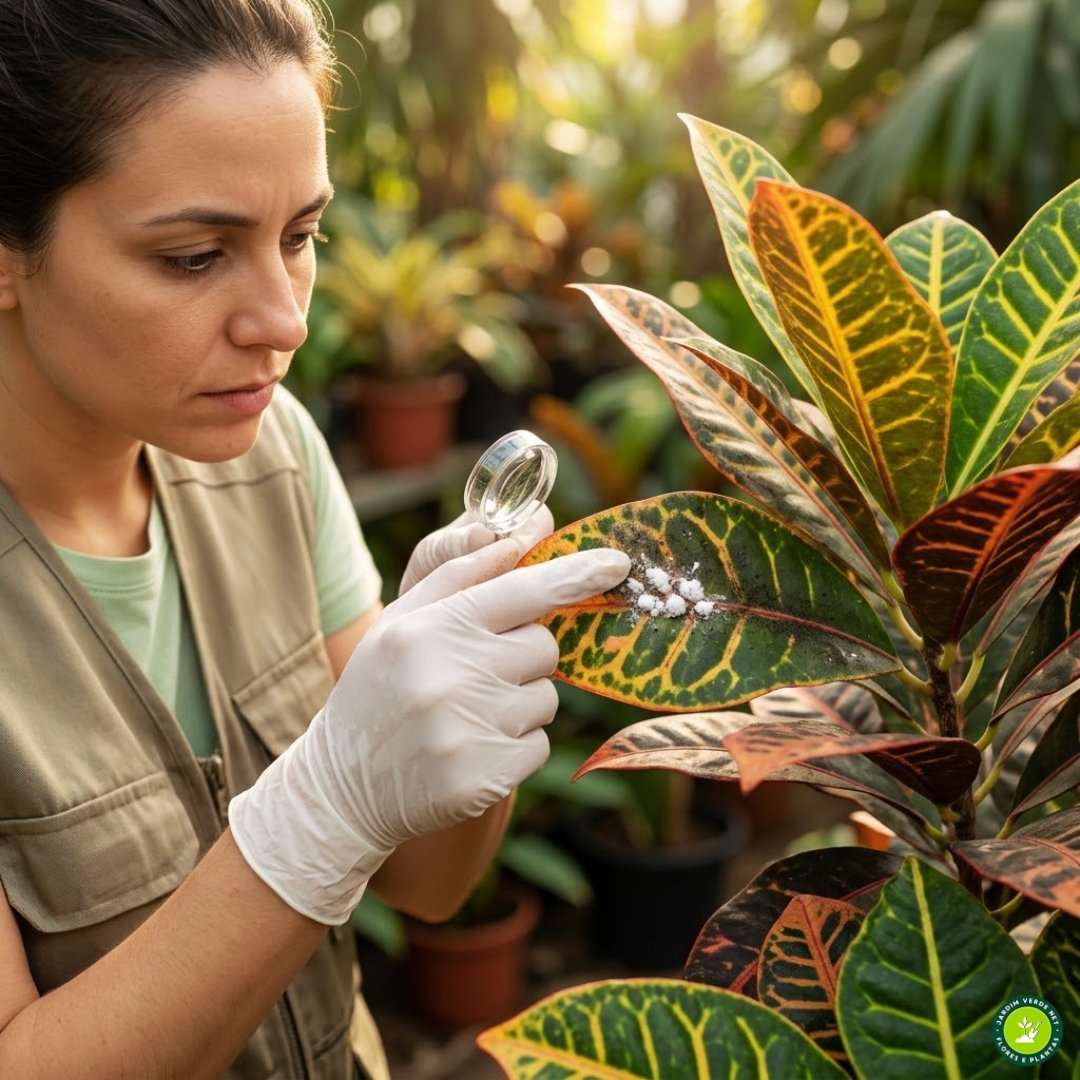 Técnica agrícola profissional de luvas brancas inspecionando o verso de uma folha de Cróton Petra colorido com lupa de joalheiro, em busca de cochonilha algodonosa.