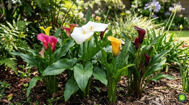 Canteiro de flores Zantedeschia com copos-de-leite brancos e Callas coloridas em tons de rosa, amarelo e bordô em um jardim ensolarado.