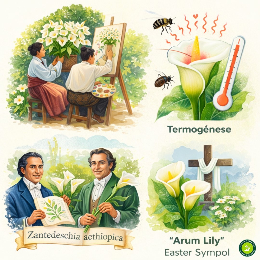 Infográfico ilustrado sobre curiosidades do copo-de-leite Zantedeschia mostrando arte, história, simbolismo e termogênese da flor