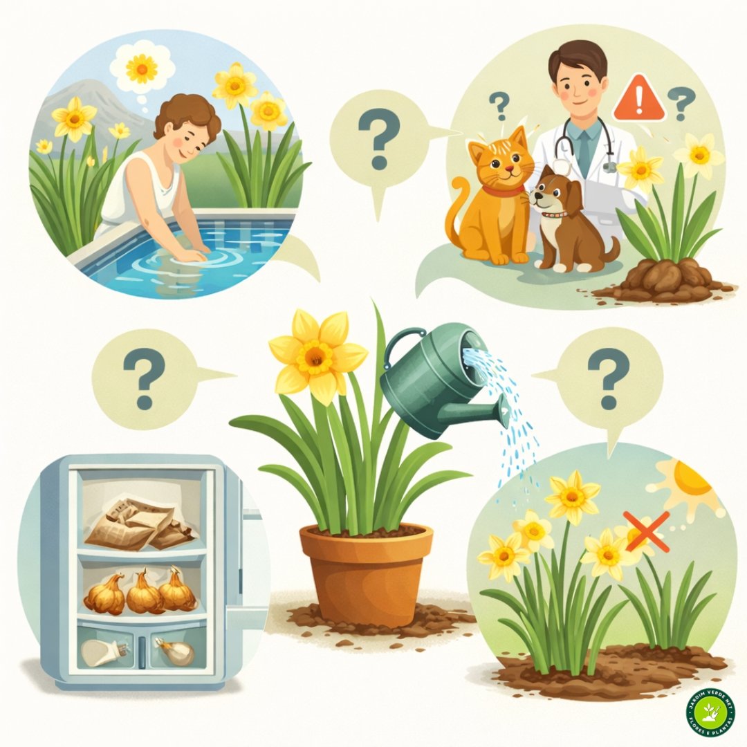 Infográfico ilustrado sobre cultivo de narciso com ícones representando rega, vernalização, toxicidade para pets e condições de luz