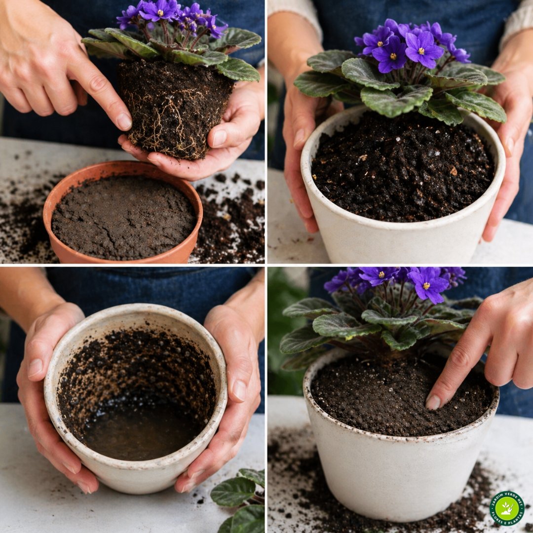 Comparação visual de erros no substrato da violeta-africana, incluindo solo compactado, excesso de água, falta de drenagem e mistura inadequada