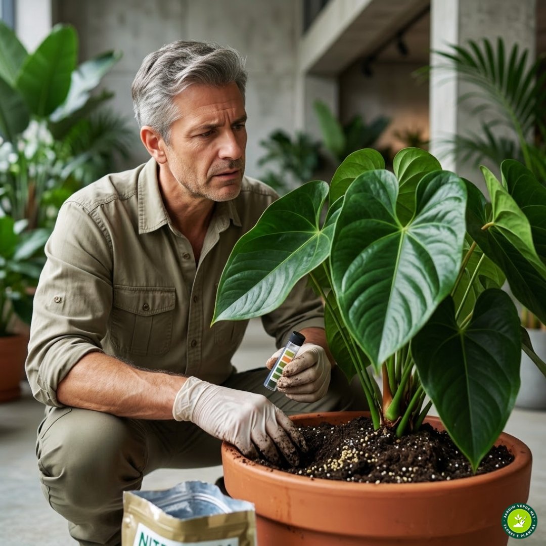 Agrônomo frustrado verificando o solo excessivamente adubado com nitrogênio de um antúrio que apresenta apenas folhas exuberantes e nenhuma flor, em um ambiente interno