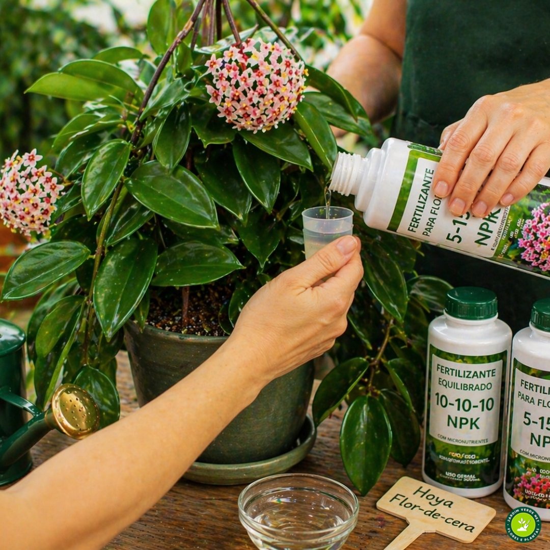 Pessoa aplicando fertilizante líquido em vaso de flor-de-cera 