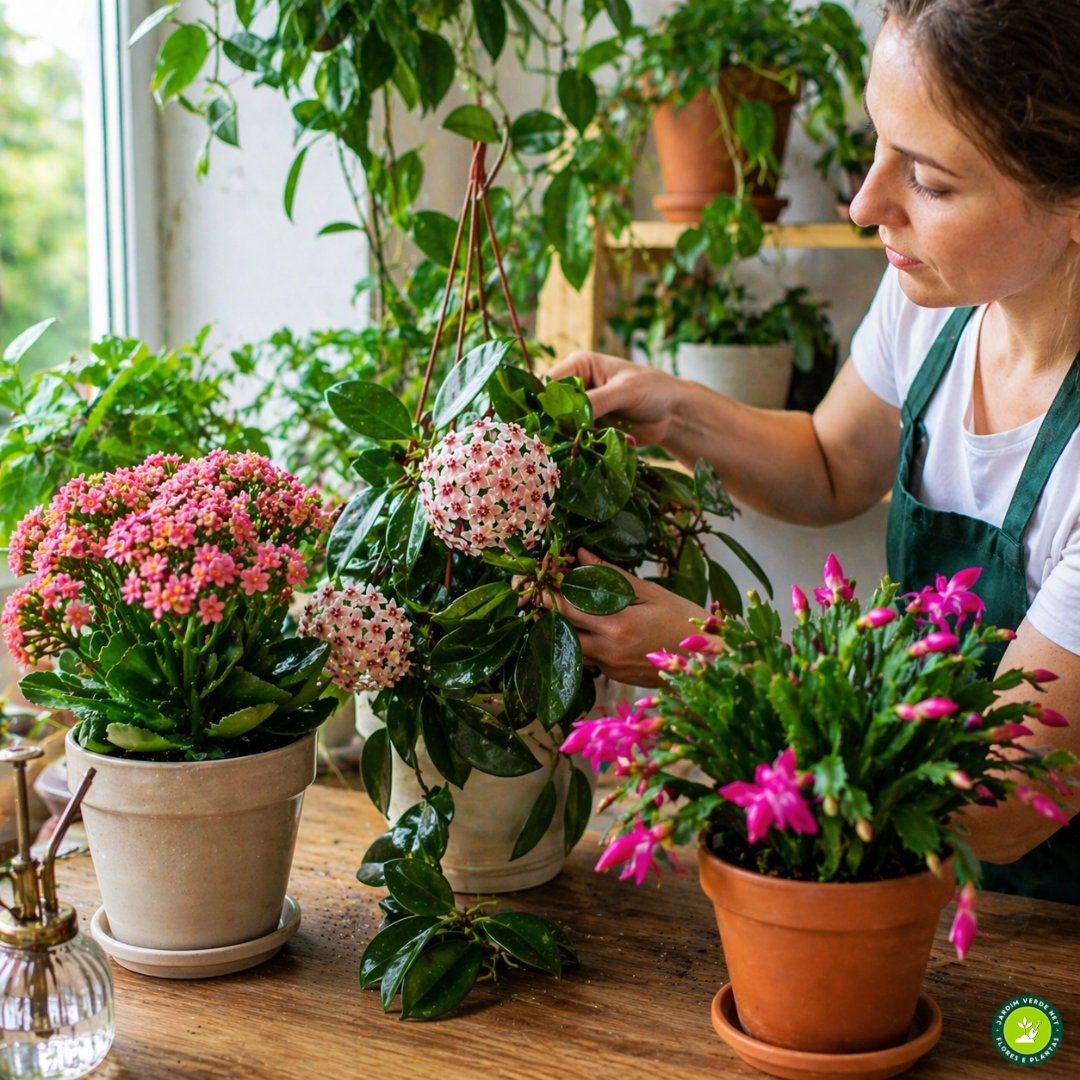 Pessoa organizando flor-de-cera junto com kalanchoe e flor-de-maio em ambiente interno iluminado