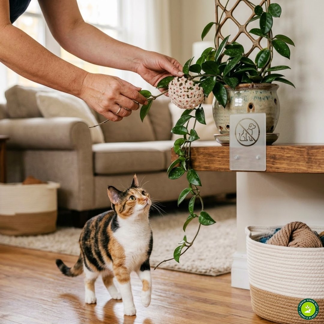 Mãos de uma pessoa reposicionando uma flor-de-cera alta em uma prateleira, com um gato curioso observando de longe