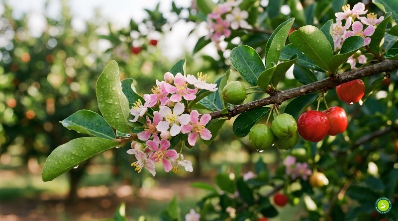 Fotografia macro de um ramo de aceroleira com flores rosadas abertas, botões florais e frutos verdes e vermelhos com gotas de orvalho, representando a indução de florada