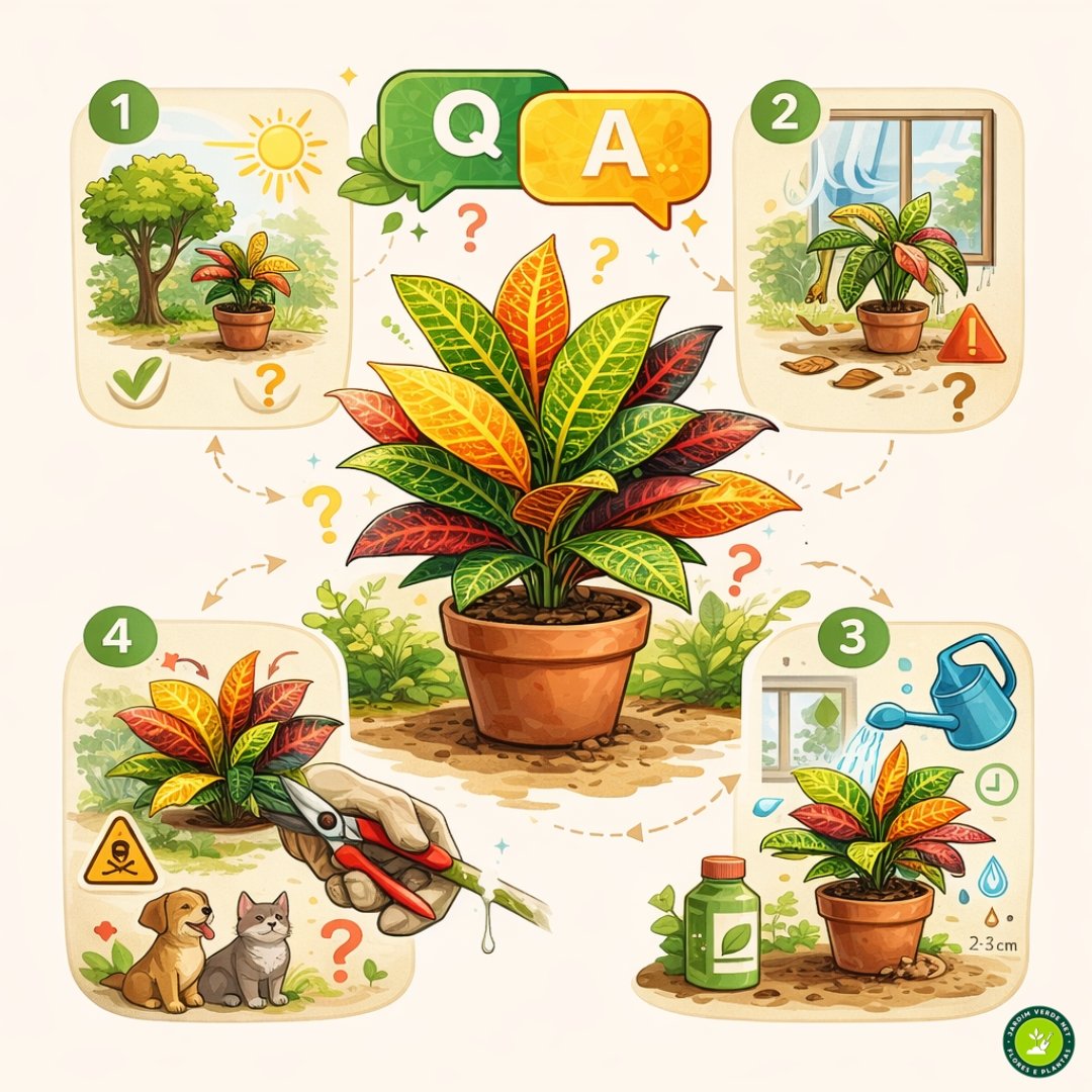 Infográfico ilustrado com cuidados do cróton mostrando luz solar, rega, queda de folhas e toxicidade da planta