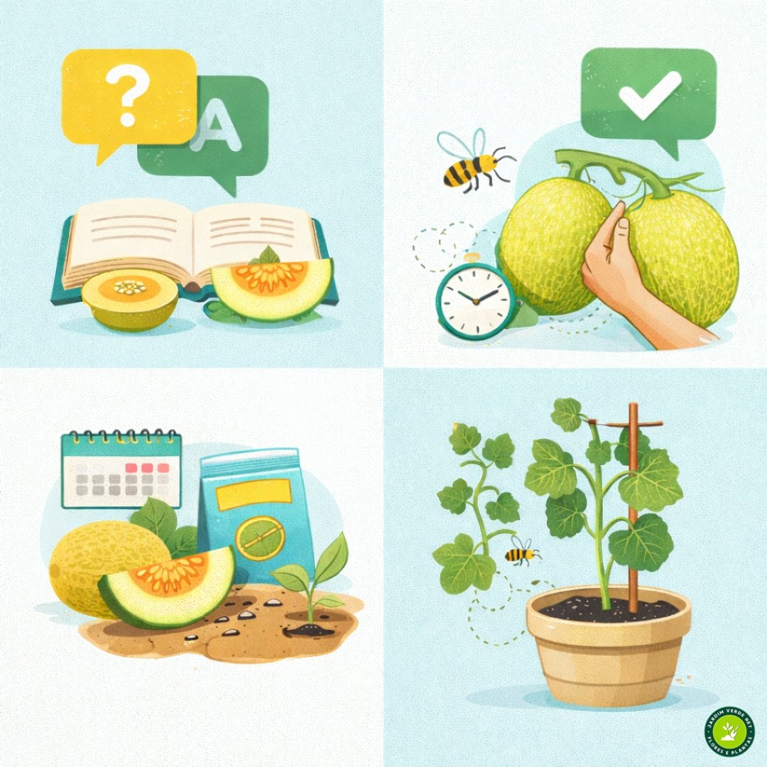 Infográfico ilustrado com etapas do cultivo do melão incluindo polinização, maturação, sementes e cultivo em vaso